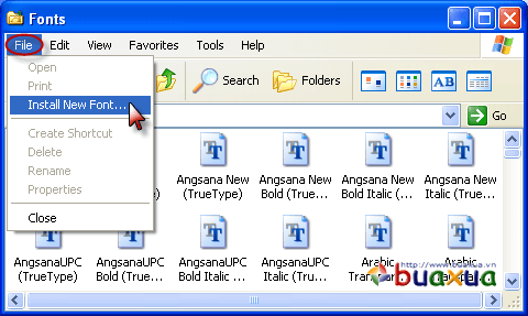 Trong cửa sổ Fonst bạn hãy chọn Menu File và nhấn nút chuột trái vào Install New Font.