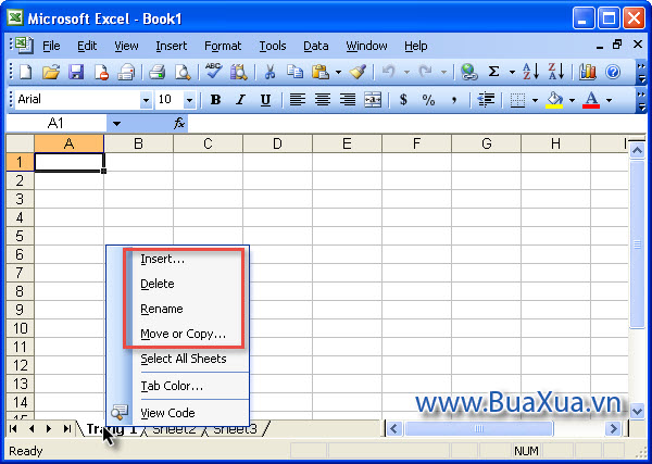 Các lệnh thao tác trang bảng tính trong Excel 2003