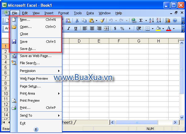 Các lệnh trong trình đơn File của Excel 2003