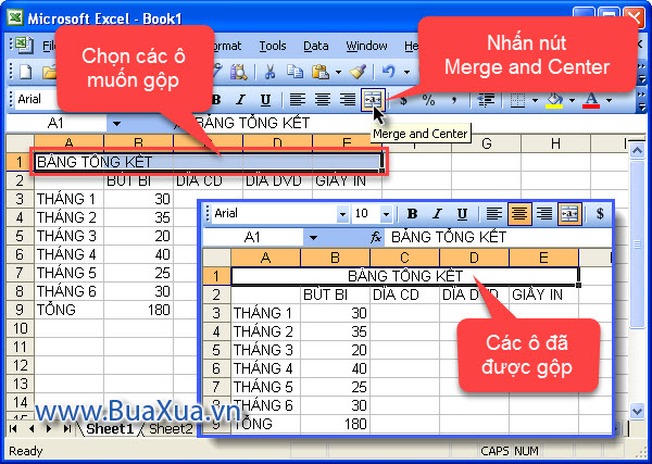 Cách gộp các ô trong bảng tính Excel 2003