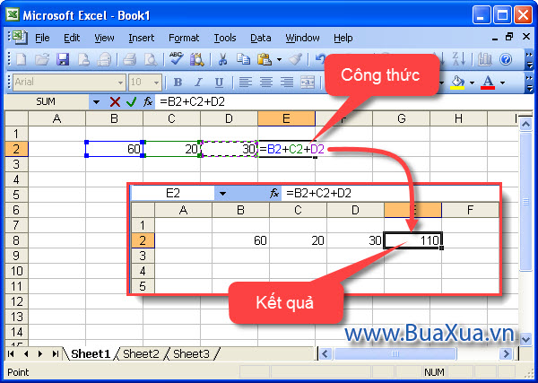 Cách tạo một công thức đơn giản tính giá trị của nhiều ô trong Excel 2003