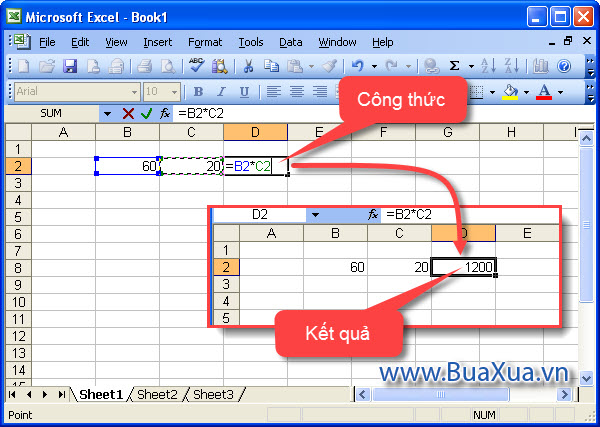 Cách tạo một công thức đơn giản nhân giá trị của hai ô trong Excel 2003