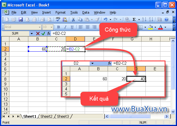 Cách tạo một công thức đơn giản trừ giá trị của hai ô trong Excel 2003