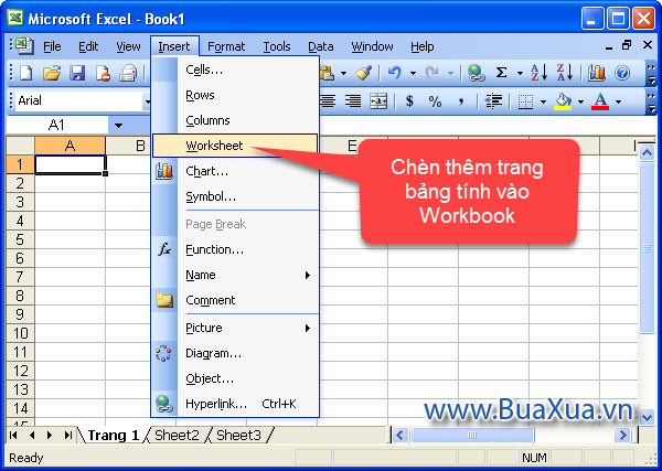 Cách chèn thêm trang bảng tính trong Excel 2003