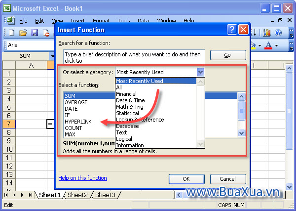 Chọn danh mục các hàm trong danh sách Or select a category trong Excel 2003