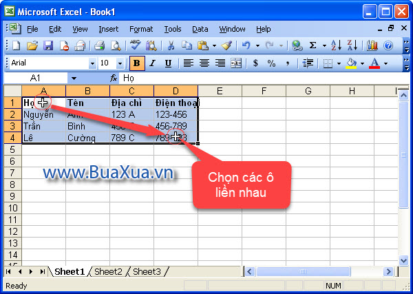 Chọn các ô liền nhau trong Excel 2003