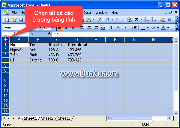 Chọn toàn bộ ô trong bảng tính Excel 2003