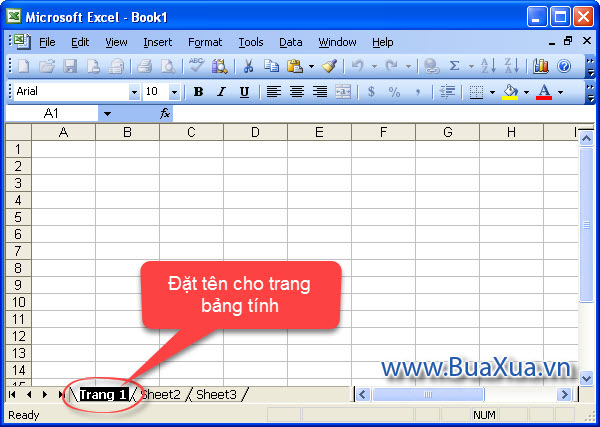 Cách đặt tên trang bảng tính trong Excel 2003
