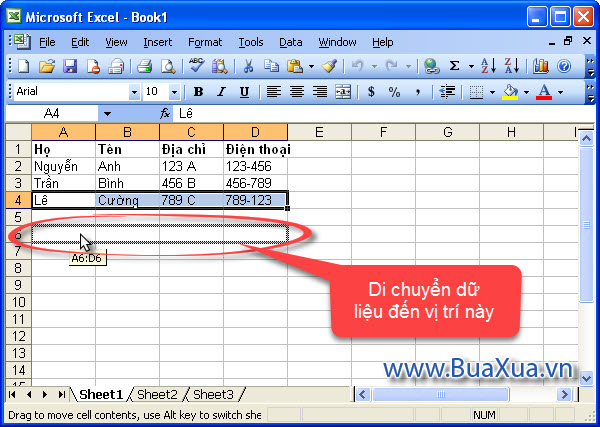 Kéo và thả chuột để di chuyển dữ liệu trong ô Excel 2003