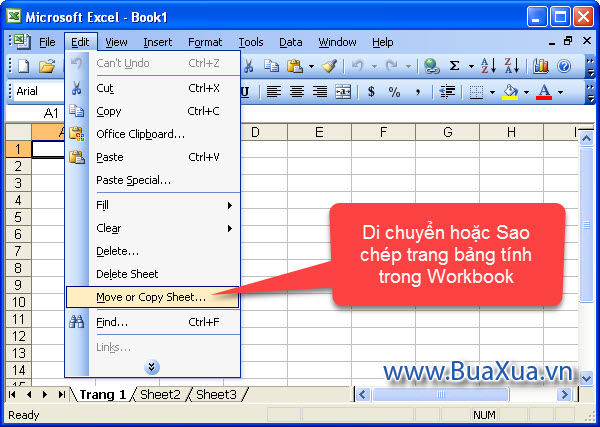 Cách di chuyển trang bảng tính trong Excel 2003