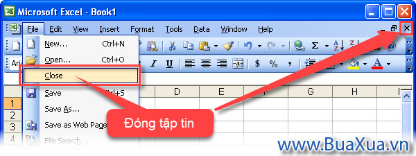 Đóng một tập tin bảng tính đang mở trong Excel 2003