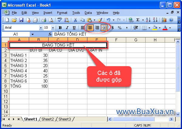 Gộp các ô trong bảng tính Excel 2003