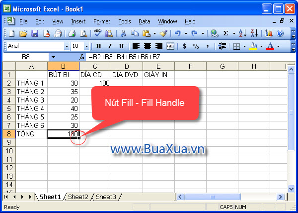 Sử dụng nút Fill để điền dữ liệu trong Excel 2003