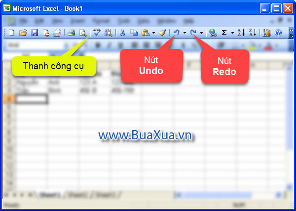 Cách sử dụng các chức năng Undo và Redo trong Excel 2003