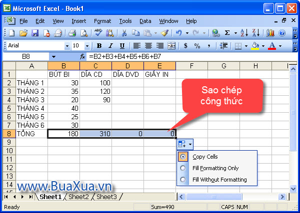 Sao chép công thức trong Excel 2003