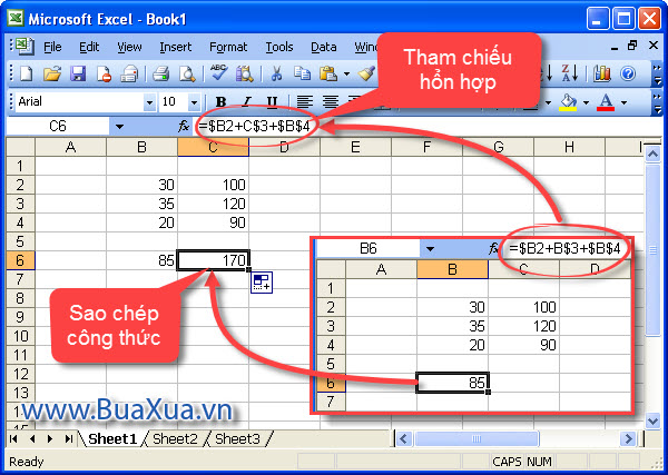 Tham chiếu hổn hợp trong Excel 2003