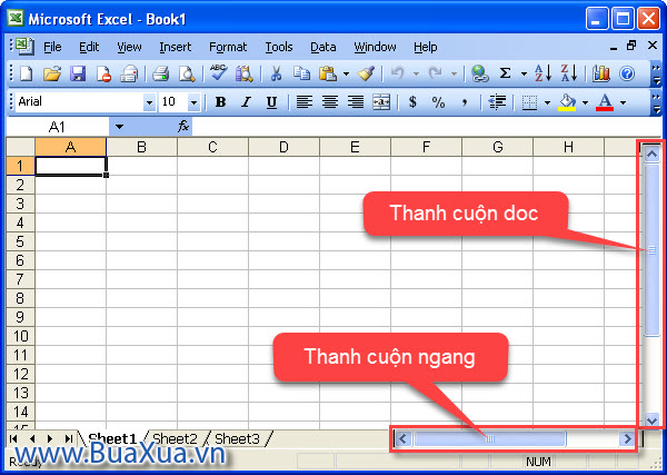 Di chuyển màn hình của trang bảng tính Excel 2003