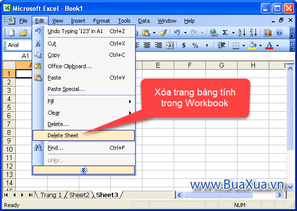 Cách xóa trang bảng tính trong Excel 2003