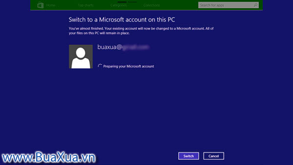 Nhấn Switch để chuyển sang tài khoản Microsoft