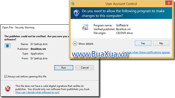 Hộp thoại Open File - Security Warning hay User Account Control của Windows