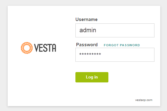 Nhập tên và mật khẩu để đăng nhập vào bảng điều khiển VestaCP