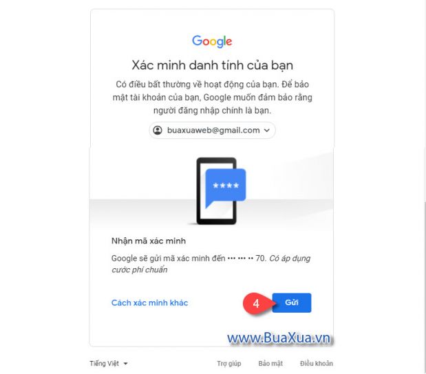 Nhấn nút Gửi để Google gửi mã xác minh đến số điện thoại của bạn