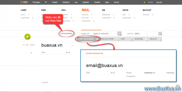 Danh sách các tài khoản Email trong phần Email Accounts của VestaCP