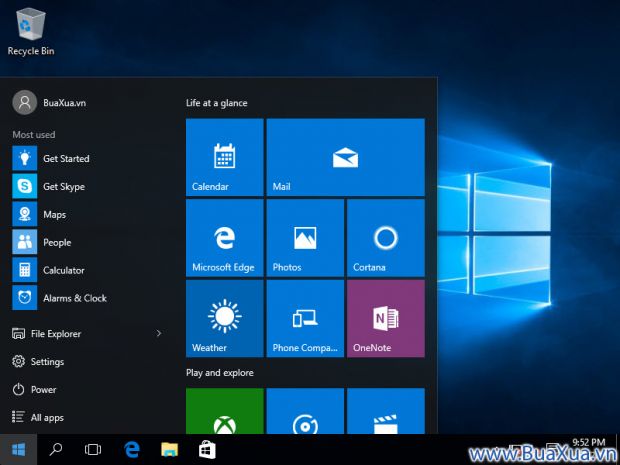 Màn hình Start Menu của Hệ điều hành Windows 10
