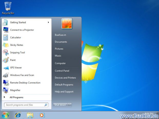 Màn hình Start Menu của Hệ điều hành Windows 7
