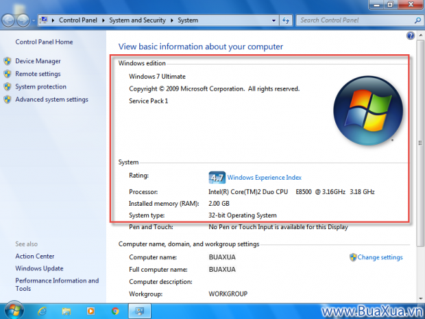 Các thông tin trong cửa sổ System của Windows 7