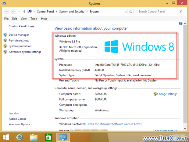 Các thông tin trong cửa sổ System của Windows 8