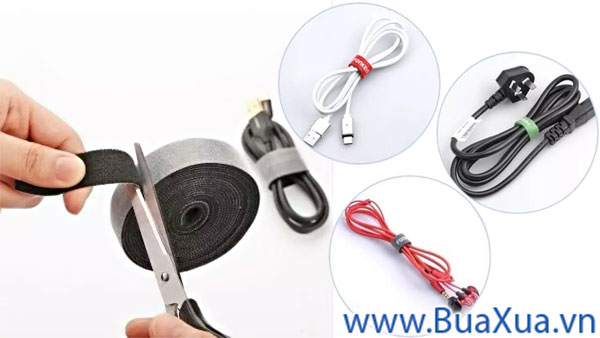 Thu gọn dây điện, dây cáp máy vi tính, dây sạc điện thoại,.. bằng khóa dán 2 mặt