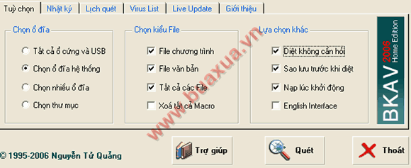 Các lựa chọn chính trong bảng điều khiển