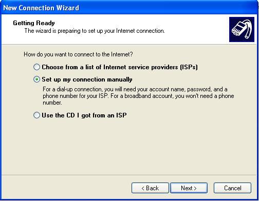 Bảng Getting Ready chọn Set up my connection manually
