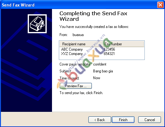 Completing send fax wizard