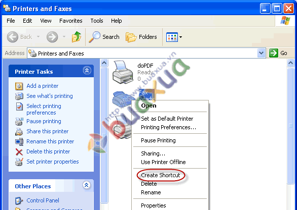 nút phải chuột vào biểu tượng máy Fax và chọn Create Shortcut