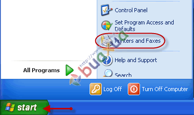 truy cập vào menu Start của Windows và chọn Printers and Faxes