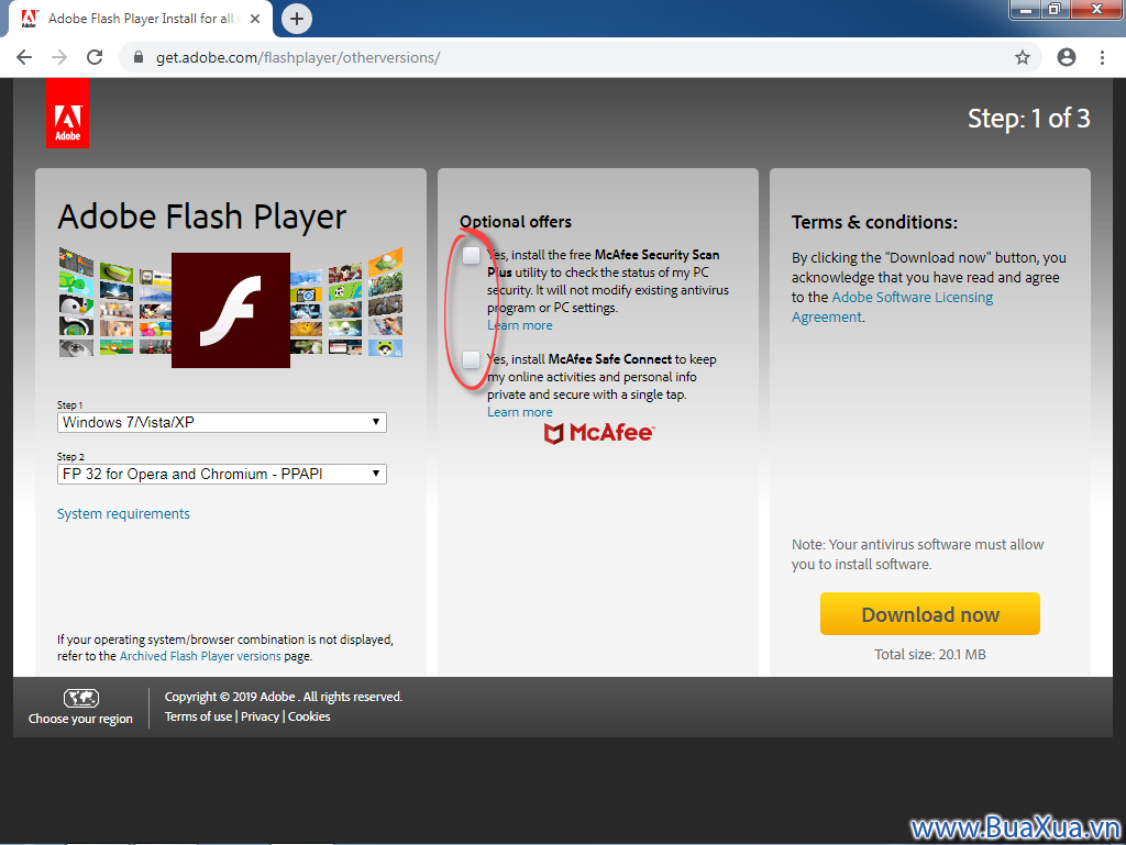 Nhấn nút Download now để tải tập tin cài đặt Adobe Flash Player
