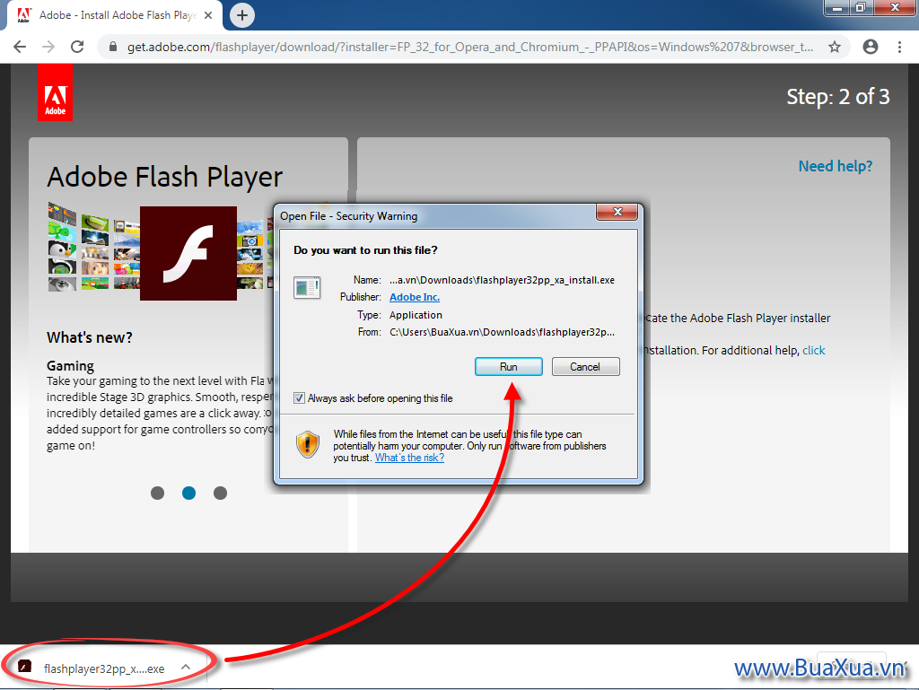 Chạy tập tin cài đặt Adobe Flash Player trực tiếp từ trình duyệt web