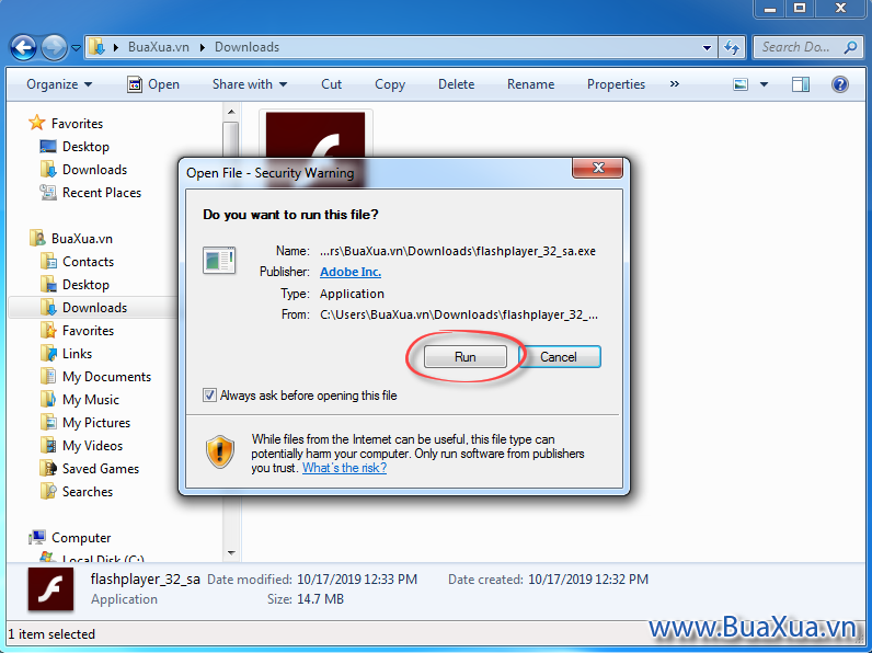 Nhấn Run để cho phép cài đặt Adobe Flash Player