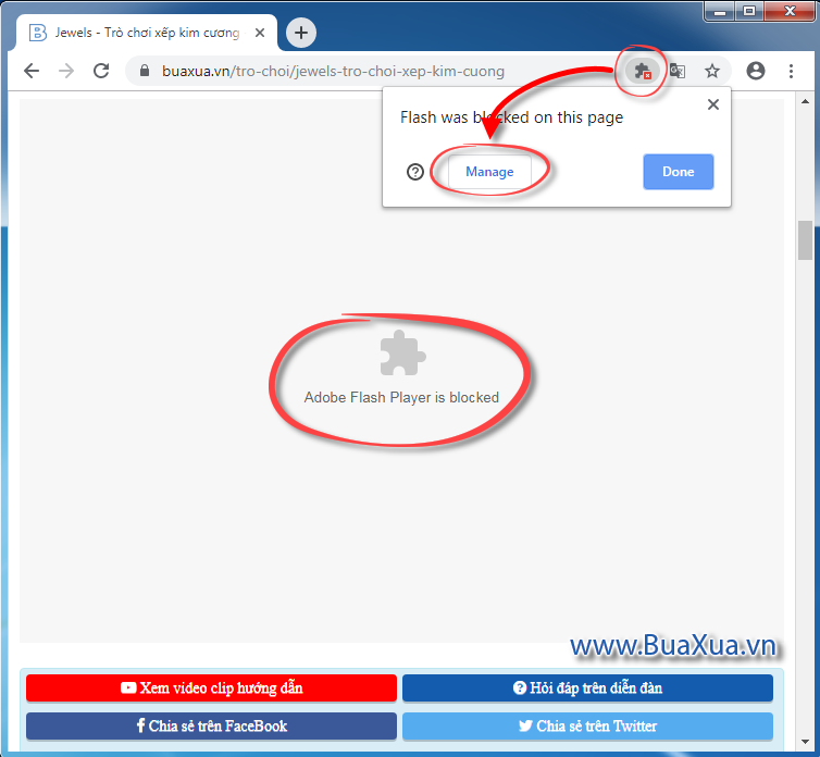 Thông báo Adobe Flash Player bị chặn -  Adobe Flash Player is blocked trên trình duyệt Chrome 