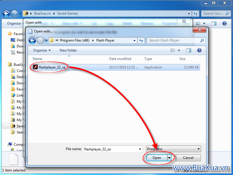 Chọn chương trình Adobe Flash Player và nhấn Open