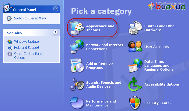 Trong Control Panel chọn Appearance and Themes