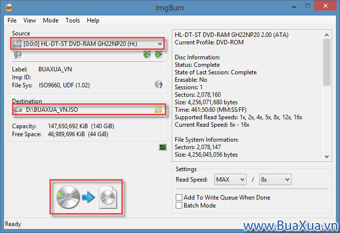 Create image file from disc – Tạo tập tin ảnh từ dĩa