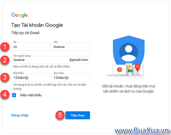 Khai báo các thông tin của bạn để tạo tài khoản Google