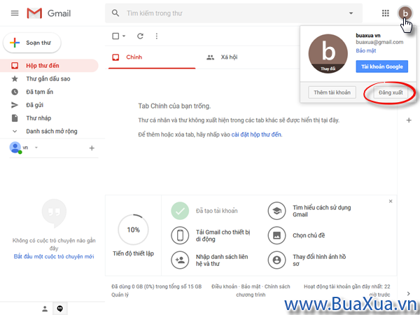 Nhấn vào nút Đăng xuất để thoát ra khỏi hộp thư Gmail của bạn