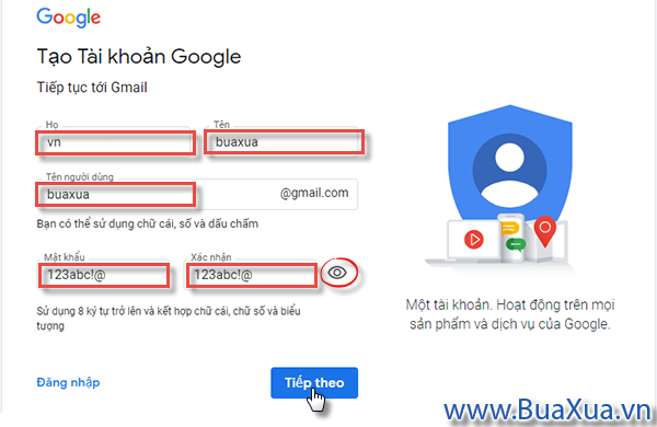 Khai báo các thông tin của bạn để tạo tài khoản Google