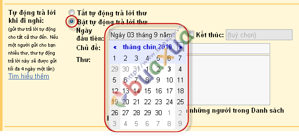 Bật tự động trả lời thư