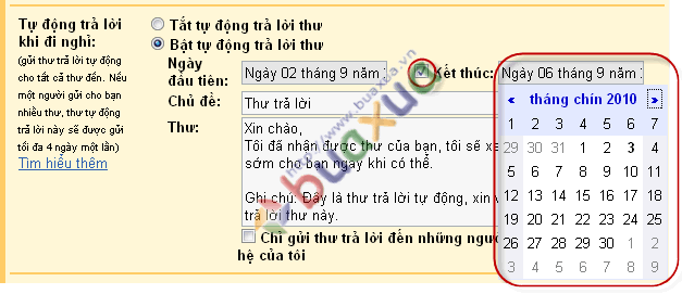 Chọn thời điểm kết thúc việc tự động trả lời