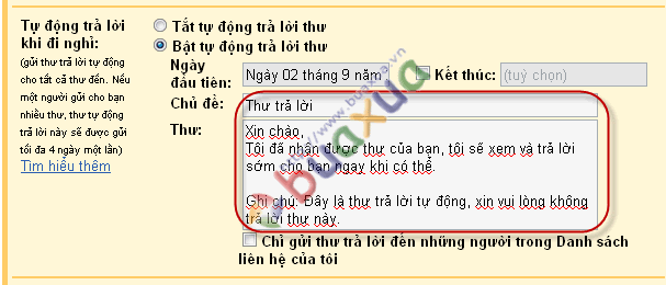 Chủ đề và nội dung cho Thư trả lời
